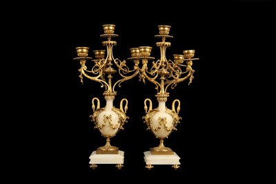Lot 88 - A PAIR OF LATE 19TH CENTURY FRENCH GILT BRONZE AND ALGERIAN ONYX CANDELABRA
