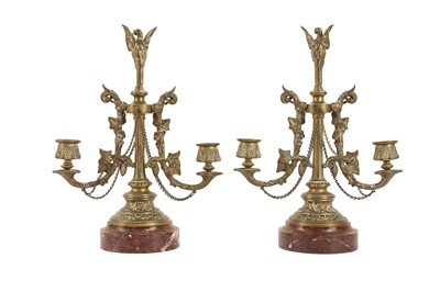 Lot 69 - A PAIR OF LATE 19TH CENTURY FRENCH BRONZE AND MARBLE CANDELABRA