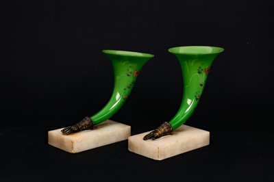 Lot 94 - A PAIR OF 19TH CENTURY PAINTED GREEN GLASS, ORMOLU AND MARBLE POSEY VASES