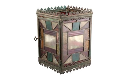 Lot 1122 - AN ARTS AND CRAFTS RECTANGULAR METAL AND STAINED GLASS HALL LANTERN