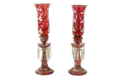 Lot 226 - LIGHTING:  PAIR OF CRANBERRY GLASS AND WHITE ENAMEL LAMP BASES & STORM SHADES, 20TH CENTURY