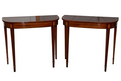Lot 149 - A PAIR OF SHERATON STYLE MAHOGANY AND SATINWOOD INLAID DEMI LUNE SIDE TABLES, LATE 20TH CENTURY