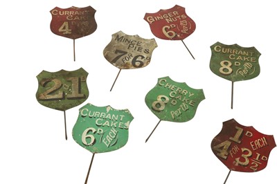 Lot 220 - COLLECTABLES: A LARGE QUANTITY OF TIN PLATE ENAMELLED SIGNS FOR A CAKE SHOP, EARLY 20TH CENTURY