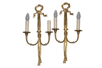 Lot 531 - A PAIR OF LOUIS XVI STYLE CAST BRASS TWIN BRANCH WALL SCONCES, LATE 20TH CNTURY
