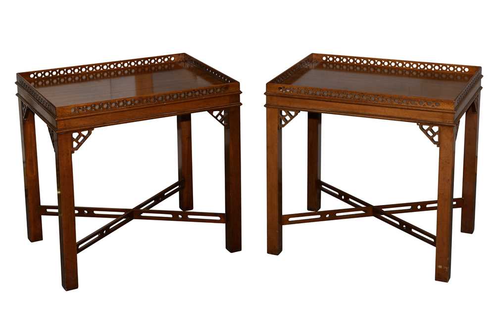 Lot 7 - A PAIR OF RESTALL BROWN & CLENNELL MAHOGANY CHINESE CHIPPENDALE STYLE LAMP TABLES, LATE 20TH CENTURY