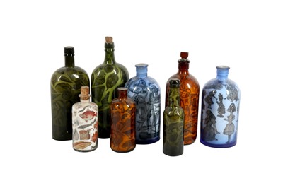 Lot 229 - GLASS: A PAIR OF  DECORATIVE DECALCOMANIA BOTTLES, MID 20TH CENTURY