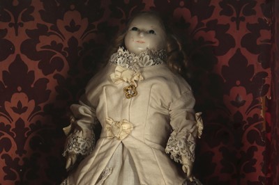 Lot 184 - DOLLS: A WAX HEADED " MAD ALICE " DOLL, PROBABLY 19TH CENTURY