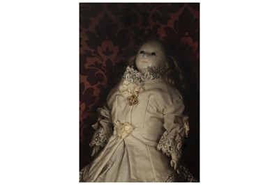 Lot 184 - DOLLS: A WAX HEADED " MAD ALICE " DOLL, PROBABLY 19TH CENTURY