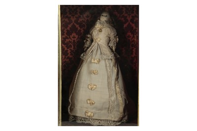 Lot 184 - DOLLS: A WAX HEADED " MAD ALICE " DOLL, PROBABLY 19TH CENTURY