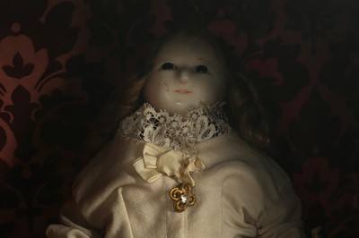 Lot 184 - DOLLS: A WAX HEADED " MAD ALICE " DOLL, PROBABLY 19TH CENTURY