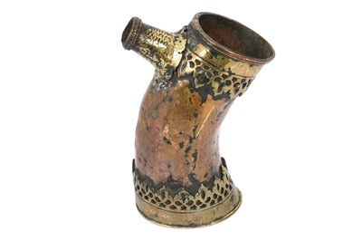 Lot 374 - A YAK HORN-SHAPED COPPER AND BRASS HUQQA BASE