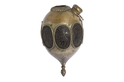 Lot 312 - A QAJAR TINNED COPPER QALYAN BOTTLE WITH SUFI-THEMED COCO DE MER PLAQUES