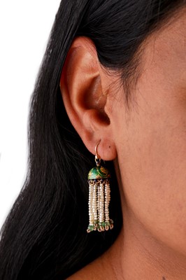 Lot 243 - A PAIR OF INDIAN CHHAJJA EARRINGS CAPARISONED WITH SEED PEARLS