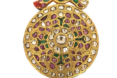 Lot 240 - A RUBY AND SPINEL-ENCRUSTED POLYCHROME-ENAMELLED GOLD PENDANT