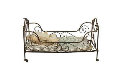 Lot 187 - DOLLS: A FRENCH WROUGHT IRON DOLLS CAMPAIGN STYLE BED, LATE 19TH/EARLY 20TH CENTURY