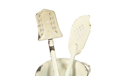 Lot 249 - KITCHENALIA: A COLLECTION OF WHITE AND BLUE ENAMELLED KITCHEN TOOLS