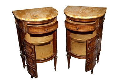 Lot 82 - A PAIR OF FRENCH DEMI LUNE PARQUETRY INLAID WALNUT BEDSIDE CHESTS, 20TH CENTURY