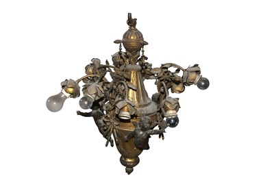 Lot 101 - AN EARLY 20TH CENTURY GILT AND PATINATED METAL BELLE EPOCH CEILING LIGHT
