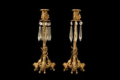 Lot 85 - A PAIR OF LATE 19TH CENTURY FRENCH GILT BRONZE AND CUT GLASS CANDLESTICKS