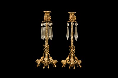 Lot 85 - A PAIR OF LATE 19TH CENTURY FRENCH GILT BRONZE AND CUT GLASS CANDLESTICKS