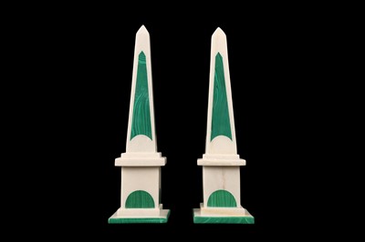 Lot 93 - A PAIR OF WHITE MARBLE AND MALACHITE OBELISKS