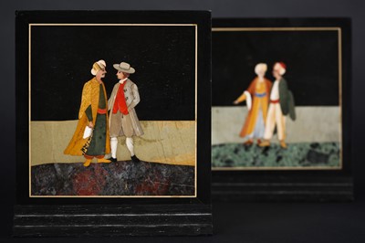 Lot 684 - TWO SMALL FLORENTINE PIETRA DURA PANELS WITH TURKISH AND EUROPEAN FIGURES