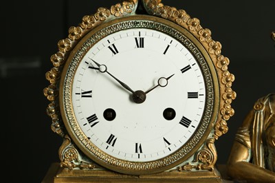 Lot 275 - AN EARLY 19TH CENTURY FRENCH EMPIRE PERIOD GILT BRONZE FIGURAL MANTEL CLOCK