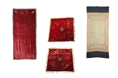 Lot 407 - A COMPOSITE SHAWL AND THREE VELVET TEXTILES