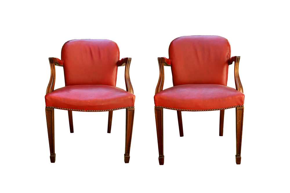 Lot 217 - A PAIR OF VICTORIAN RED LEATHER AND MAHOGANY LIBRARY CHAIRS