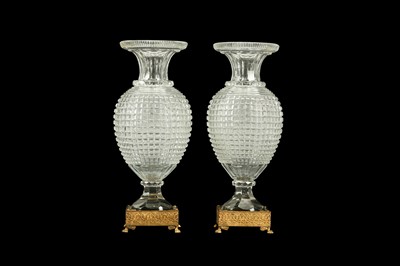 Lot 53 - A PAIR OF EARLY 20TH CENTURY ORMOLU AND CUT GLASS VASES, POSSIBLY BACCARAT