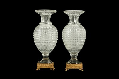 Lot 53 - A PAIR OF EARLY 20TH CENTURY ORMOLU AND CUT GLASS VASES, POSSIBLY BACCARAT