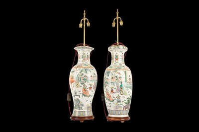 Lot 87 - A LARGE NEAR PAIR OF CANTON PORCELAIN VASES ADAPTED AS LAMP BASES
