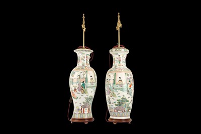Lot 87 - A LARGE NEAR PAIR OF CANTON PORCELAIN VASES ADAPTED AS LAMP BASES