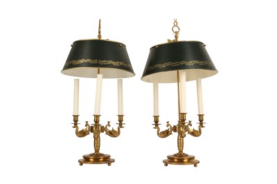 Lot 72 - A PAIR OF LOUIS XVI STYLE ORMOLU AND TOLE BOUILLOTTE LAMPS