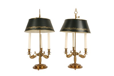 Lot 72 - A PAIR OF LOUIS XVI STYLE ORMOLU AND TOLE BOUILLOTTE LAMPS