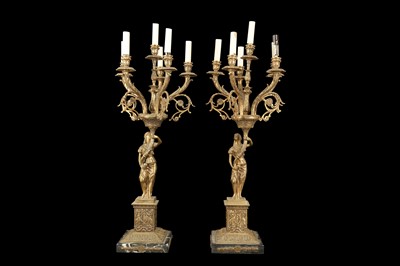 Lot 108 - A LARGE PAIR OF NAPOLEON III STYLE GILT METAL FIGURAL CANDELABRA