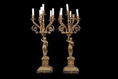Lot 108 - A LARGE PAIR OF NAPOLEON III STYLE GILT METAL FIGURAL CANDELABRA