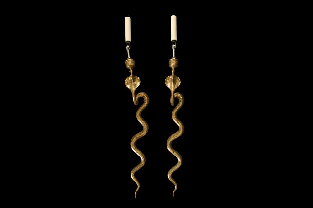 Lot 107 - A PAIR OF 19TH CENTURY INDIAN BRONZE COBRA WALL LIGHTS