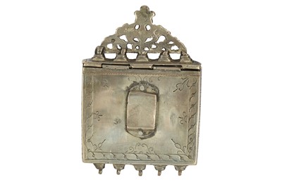 Lot 359 - AN UNUSUAL SILVER REPOUSSÉ PALASKA GUNPOWDER CARTRIDGE MILITARY CASE WITH ROSETTES