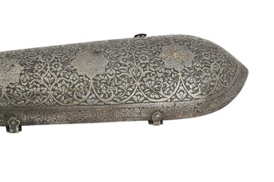 Lot 250 - A QAJAR ENGRAVED AND GOLD-DAMASCENED STEEL SHIELD AND ARM GUARD (BAZUBAND)
