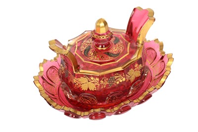 Lot 725 - A GILT ROSE PINK GLASS LIDDED BONBONNIERE MADE FOR THE MIDDLE EASTERN MARKET