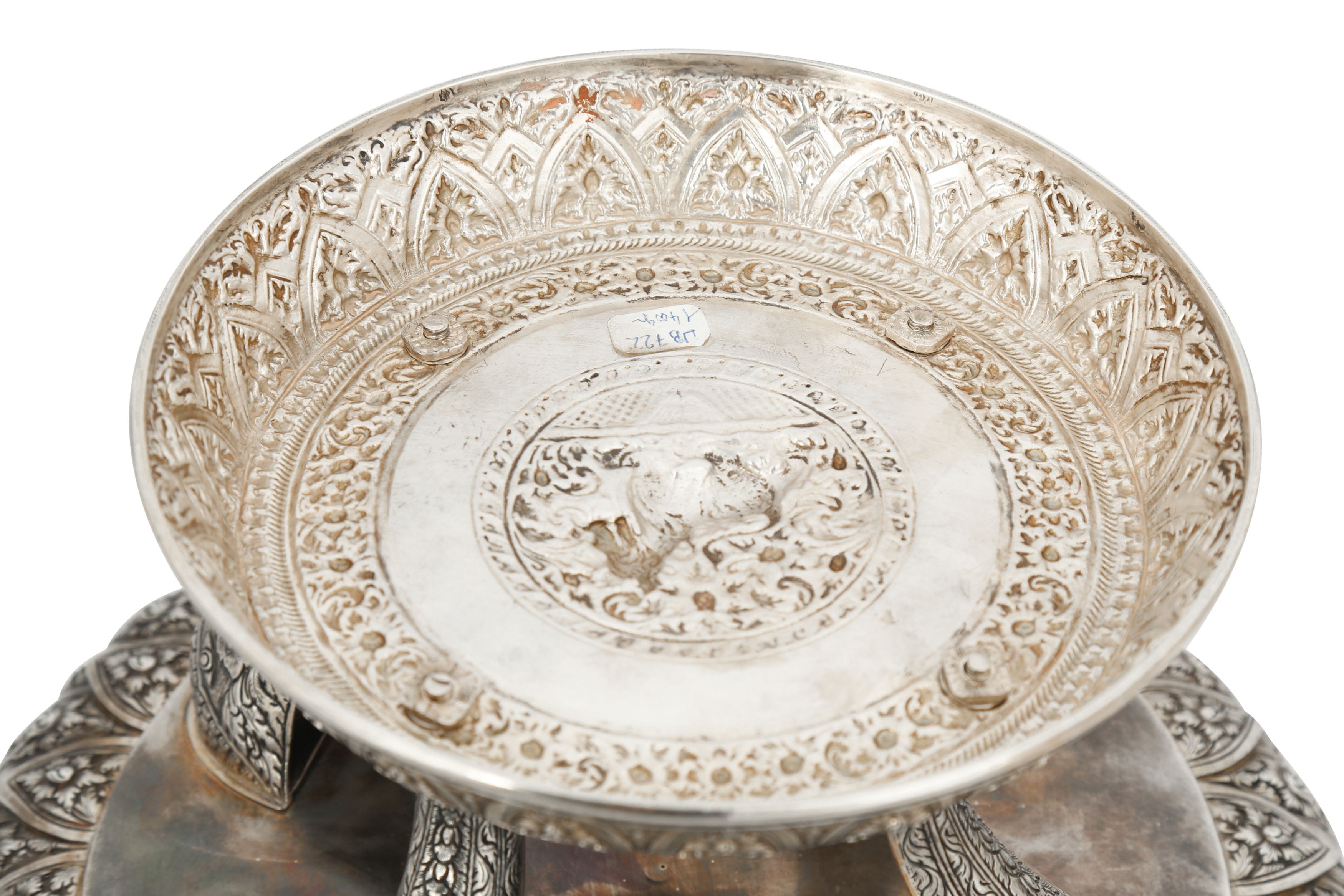 Lot 218 - A LARGE THAI SILVER REPOUSSÉ CEREMONIAL TRAY