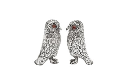 Lot 93 - A pair of early 20th century unmarked silver novelty owl pepper pots, German or Dutch circa 1910