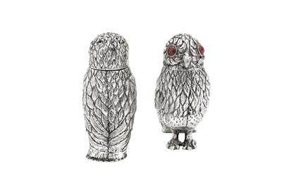 Lot 93 - A pair of early 20th century unmarked silver novelty owl pepper pots, German or Dutch circa 1910