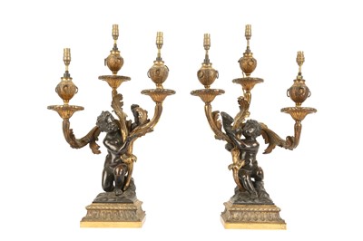 Lot 66 - AFTER THE MODEL BY PHILIPPE CAFFIERI: A FINE PAIR OF EARLY 19TH CENTURY BRONZE FIGURAL CANDELABRA