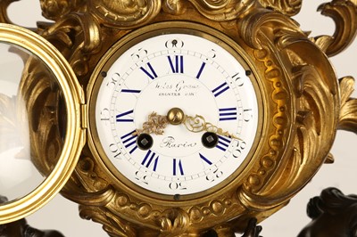 Lot 75 - A FINE NAPOLEON III GILT AND PATINATED BRONZE CANDELABRA CLOCK BY JULES GRAUX, PARIS, CIRCA 1860