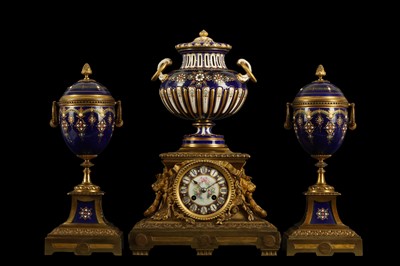 Lot 168 - A FINE LATE 19TH CENTURY FRENCH GILT BRONZE AND SEVRES STYLE PORCELAIN CLOCK GARNITURE