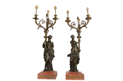 Lot 67 - A LARGE AND IMPRESSIVE PAIR OF 19TH CENTURY BRONZE FIGURAL CANDELABRA LAMPS