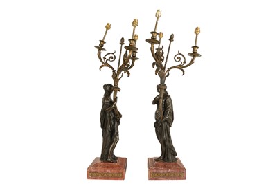 Lot 67 - A LARGE AND IMPRESSIVE PAIR OF 19TH CENTURY BRONZE FIGURAL CANDELABRA LAMPS