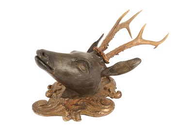Lot 237 - A LATE 19TH CENTURY AUSTRIAN CARVED WOOD AND ANTLER DEER HEAD TROPHY
